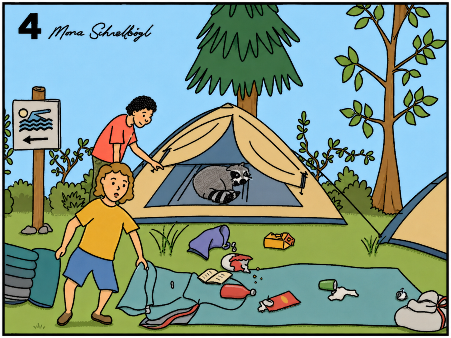 Campingszene mit Kindern, Zelt und herumliegendem Müll im Wald